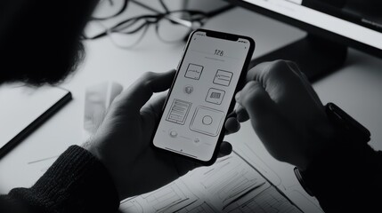 Poster - Person Using a Smartphone with a Sketch of a User Interface on the Screen