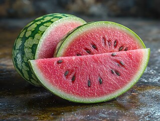 A fresh watermelon cut into slices, showcasing its juicy red flesh and green rind.