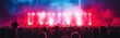 © ari - A large crowd of people silhouetted against a bright stage with spotlights and a red and blue smoke-filled sky.
