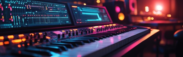 A close-up shot of a music keyboard with glowing buttons and digital displays in a dimly lit room.