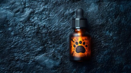 Poster - Elegant Serum Bottle Arranged on a Rich Deep Blue Background with Textured Log Elements for Stock Photography Use