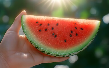 Sticker - A hand holding a vibrant slice of watermelon, illuminated by sunlight in a natural setting.