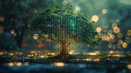 A green tree with digital code flowing down its trunk, symbolizing the connection between nature and technology.