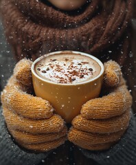 Enjoying a warm cup of coffee in winter mittens on a snowy day