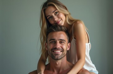 Wall Mural - A joyful couple enjoys a playful moment together in a serene room, capturing laughter and love in a light-hearted embrace