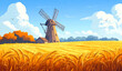 © Aisyaqilumar - Cartoon illustration of a windmill in a field of wheat. The sky is blue and there are some clouds.