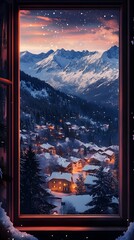 Wall Mural - Snowy mountain village view at sunset through a warm window frame with falling snow and a serene alpine forest in the background