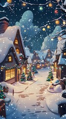 Canvas Print - whimsical snow-covered christmas village with cozy cottages and festive lights against a starry even