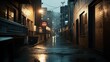 © altitudevisual - Dimly lit urban alleyway at night with wet pavement and illuminated sign, surrounded by brick buildings and utility wires.
