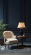 © PondLord - Cozy Vintage Reading Nook with Elegant Armchair, Stylish Side Table, Soft Lamp Light, and Lush Green Plant Against Dark Blue Wall Background