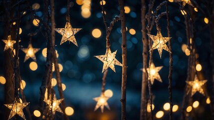 Wall Mural - Christmas Lights. Stars String Hanging At Fir Branches In abstract defocused background. Place for the text