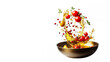 © Alloca Design Studio - Colorful vegetables splashing, golden wok, vibrant culinary explosion, dynamic food photography, white background, red tomatoes, green peppers, yellow bell peppers, water droplets, floating ingredient