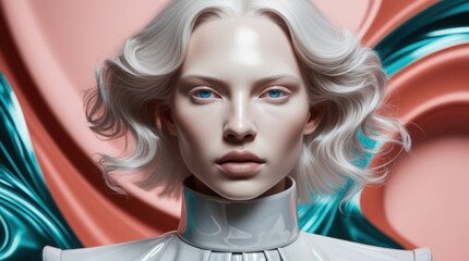 Canvas Print - A captivating portrait of a futuristic model with silver hair against a vibrant abstract backdrop showcasing elegance and innovation