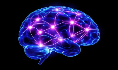 Poster - neon brain illustration with glowing neural connections, vibrant blue and pink colors, abstract repr