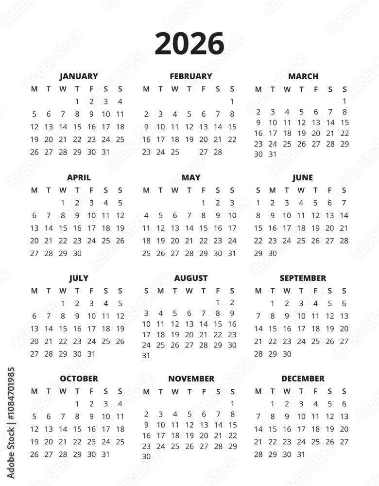 2026 Year Calendar Printable Monday start Stock Vector | Adobe Stock