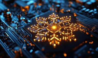 Poster - snowflake circuit design, glowing orange snowflake on dark circuit board, intricate electronic patte