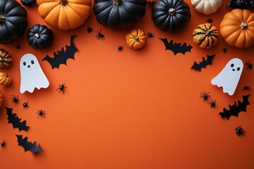 Halloween Poster with Pumpkins Bats Ghosts and Spiders on Orange Background Autumn Celebration