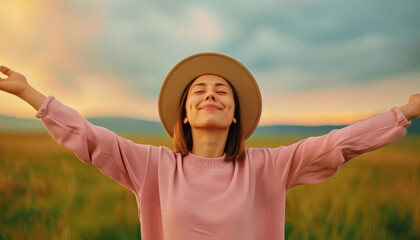 A joyful Latina woman stands in a meadow, arms wide open, embracing the beauty of nature and lifes moments.