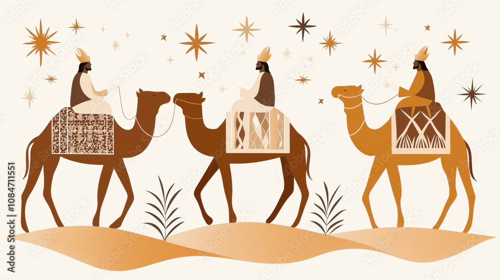 Illustration of three wise men riding camels across a desert landscape ...