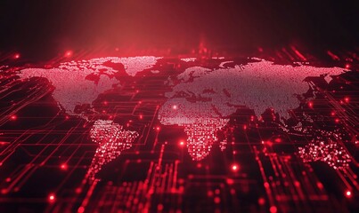 Poster - Digital world map in red tones, showcasing global connectivity and technology, dotted representation of continents, glowing lines and nodes