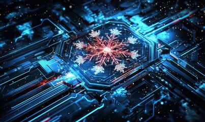 Poster - Digital snowflake design, intricate circuitry, glowing blue and red elements, winter theme, technology fusion