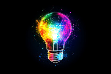 Poster - A vibrant, colorful light bulb emitting energy and creativity against a dark background.
