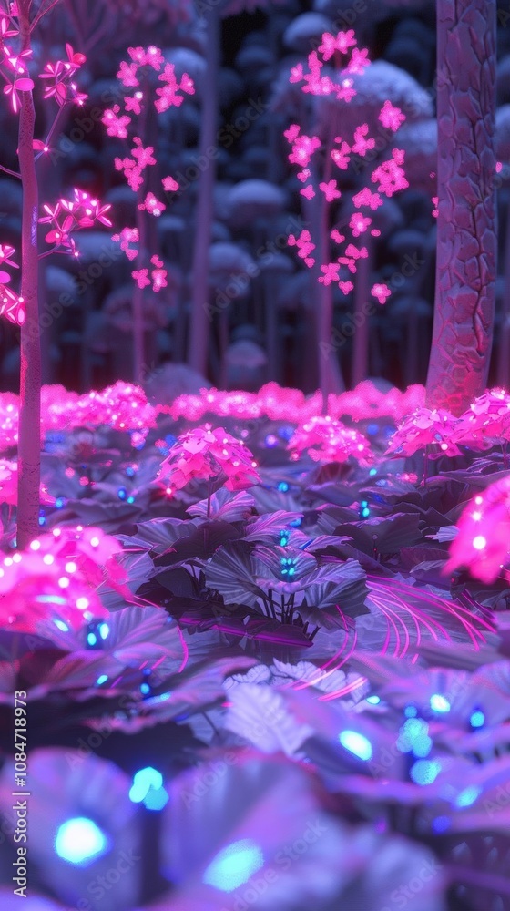 Envision a mystical forest illuminated by neon bioluminescent flora ...
