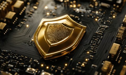 Poster - Golden shield symbolizing cybersecurity on circuit board, intricate details of electronic components, glowing lights