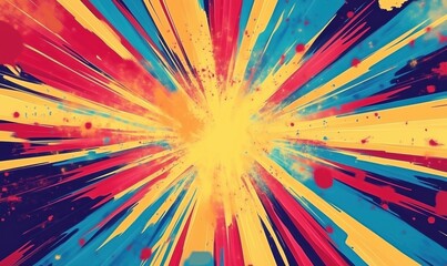 Poster - Colorful explosion of vibrant rays and splashes, dynamic abstract art with bright yellow center, radiating lines in red, blue, and orange hues