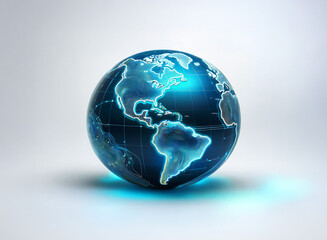 Poster - a futuristic, glowing blue globe showcases the continents, emphasizing north and south america. its 