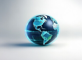 A futuristic, translucent globe showcases the Americas, encircled by a vibrant, glowing blue energy field against a stark white background.  The image suggests technological advancement and global con