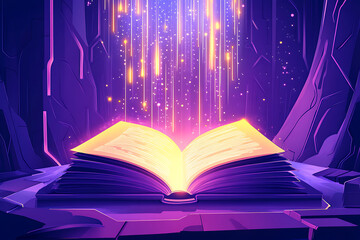 Poster - An open book emits glowing particles in a mystical cave setting, symbolizing knowledge and wonder.