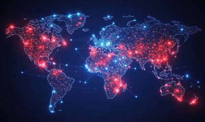 Poster - Global network map with glowing connections, showcasing interconnected nodes across continents, vibrant red and blue colors, digital technology representation