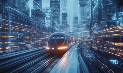 Poster - Futuristic high-speed train in neon cityscape, sleek design, vibrant lights, urban environment, motion blur, advanced technology