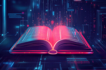 Poster - An open book emitting digital particles, symbolizing knowledge and technology integration.