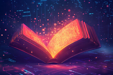 Poster - An open book emitting glowing data, symbolizing knowledge and technology fusion.