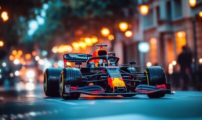 Wall Mural - Formula 1 car racing through city streets, vibrant lights illuminating scene, showcasing speed and technology