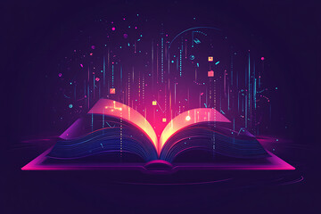 Poster - An open book emits colorful data streams, symbolizing knowledge and digital information.
