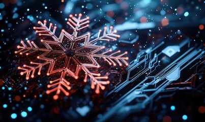 Poster - Digital snowflake on circuit board, glowing red and blue, intricate design, winter theme, technology fusion