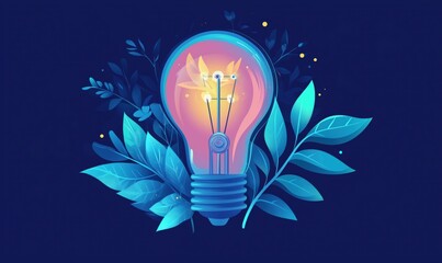 Poster - light bulb with plants, glowing filament, vibrant colors, nature-inspired design, blue leaves, artis
