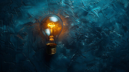 Poster - A vintage light bulb glows softly, casting warm light on a textured blue wall. Copy space