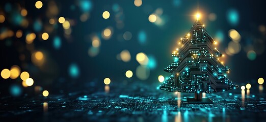 Poster - Digital Christmas tree with circuit board design, glowing lights, and bokeh background. Modern festive decoration blending technology and tradition.