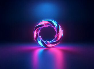 Fototapete - Glowing neon pink and blue circular abstract art.  Swirling, reflective design on dark background.  Evokes energy and futuristic technology.