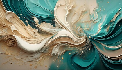 Wall Mural - Abstract swirls of creamy beige and teal paint create a mesmerizing visual.  Gold flecks add a touch of luxury to this fluid art piece.