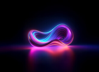 Poster - glowing neon abstract form with vibrant purple and blue hues, smoothly curving and reflecting on a d