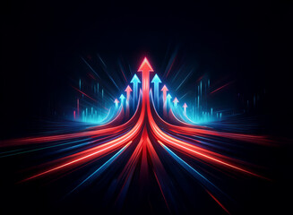 Poster - Glowing red and blue arrows converge, forming upward-pointing paths on a dark background, suggesting growth and progress.  The dynamic light trails evoke speed and momentum.