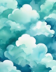 Wall Mural - Dreamy teal and white cloudscape. Soft watercolor texture creates a peaceful, ethereal mood. Perfect for backgrounds and design projects.