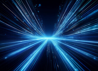 Poster - Abstract image depicting dynamic blue light streaks converging at a vanishing point, suggesting speed, movement, and energy.  A sense of depth and futuristic technology is conveyed.