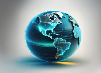Poster - a stylized, dark blue glass globe with glowing turquoise lines highlights the continents. its reflec