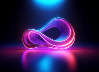 Fototapete - Abstract glowing form, vibrant pink and blue neon colors, smooth curves, reflective surface, dark background, futuristic design.